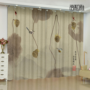 中式 新款 荷花荷叶遮光印花纱帘客厅卧室阳台出租房免打孔隔断窗帘