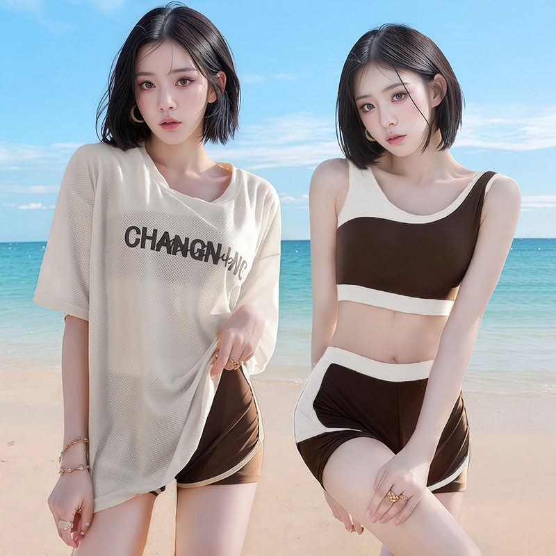 分体泳衣女夏2025新款保守显瘦遮肚海边防晒平角三件套运动游泳装
