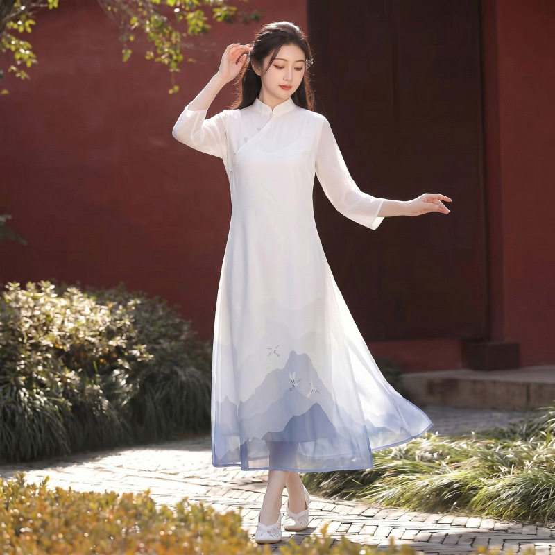 新中式国风禅意印花立领优雅显瘦收腰茶服连衣裙子2026年夏季新款