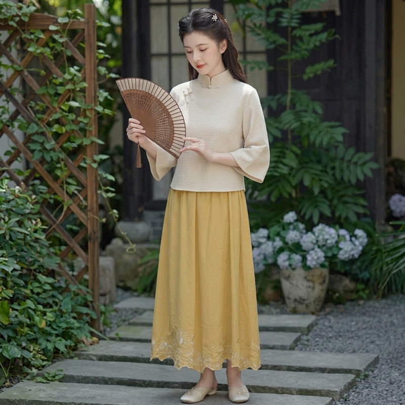 2025年夏季新款清纯文艺少女复古民国立领上衣半身裙日常两件套装