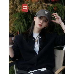 女黑色2025秋冬新款 100%山羊绒开衫 加厚宽松显瘦立领针织毛衣外套