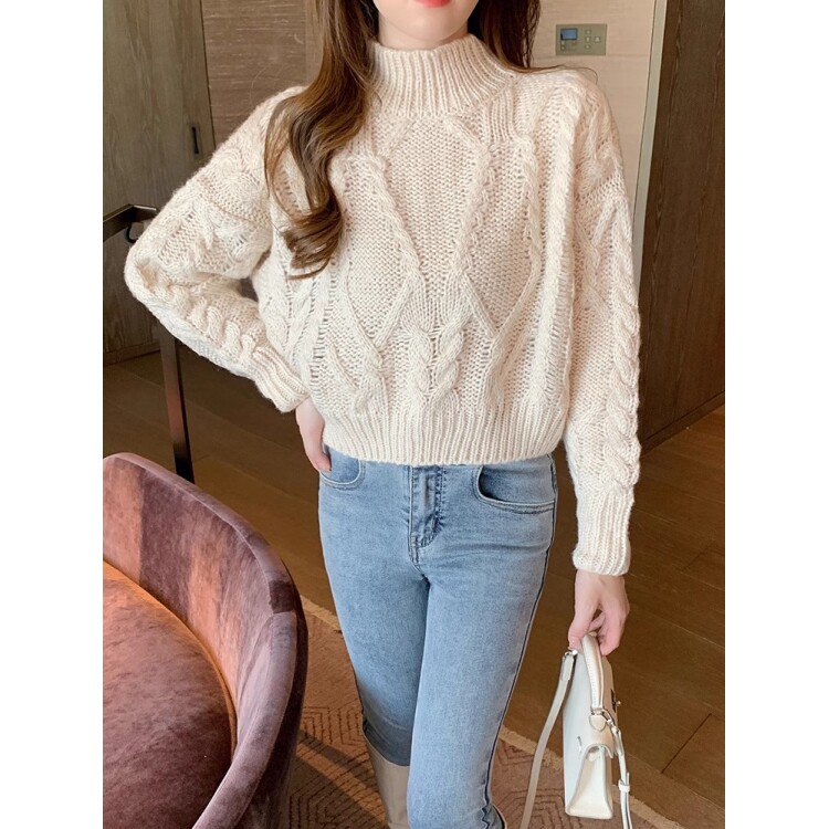 100%山羊绒半高领毛衣女2025秋冬新款麻花加厚宽松短款针织打底衫