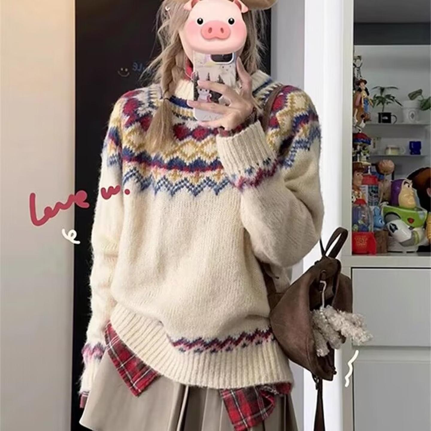 100%纯山羊绒毛衣女费尔岛加厚