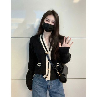 显瘦百搭针织毛衣外套 小香风黑白拼色短款 100%山羊绒开衫 女25新款