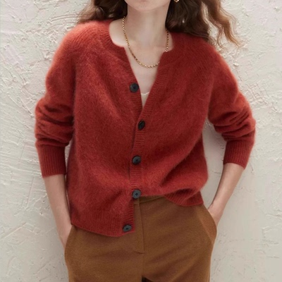 100%山羊绒开衫女圆领宽松显瘦