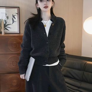 100%山羊绒开衫 加厚宽松显瘦立领针织毛衣外套 女短款 2025秋冬新款