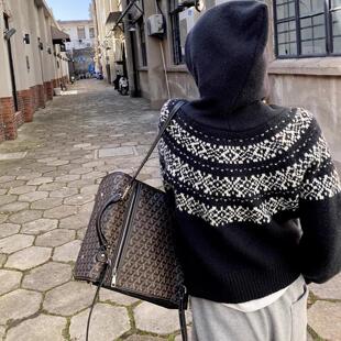 100%山羊绒开衫女25秋冬加厚宽松连帽拉链费尔岛提花针织毛衣外套