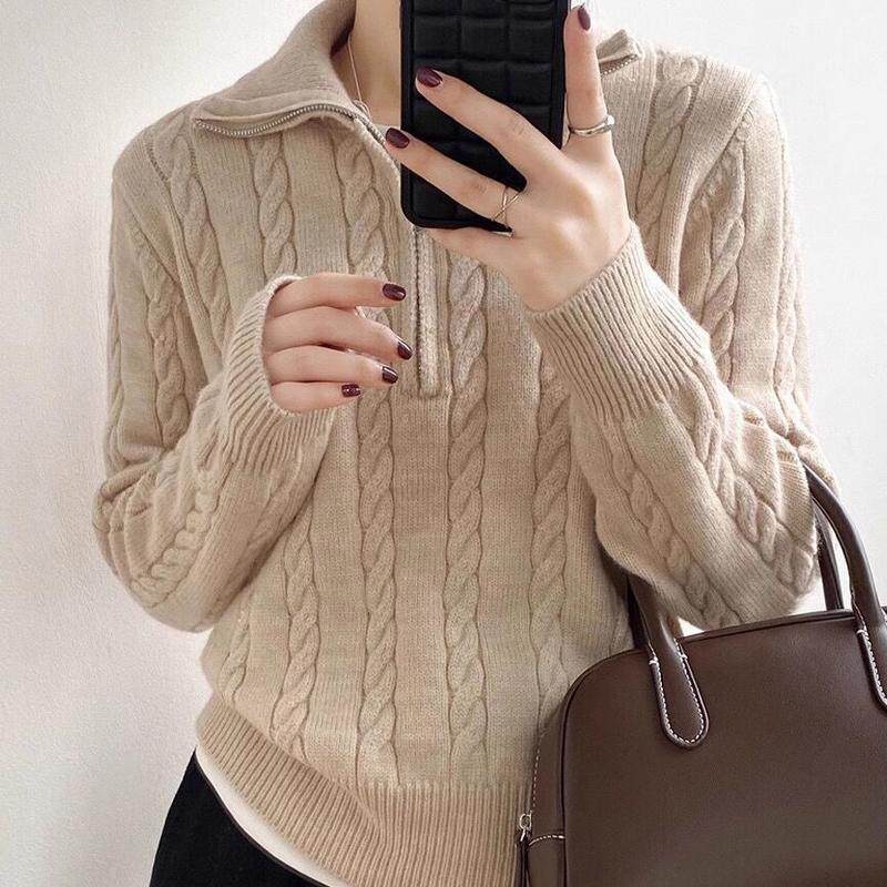 2025秋冬新款100%山羊绒毛衣女高领半拉链麻花宽松加厚针织打底衫