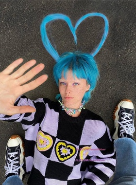 y2k美式90s复古香芋拼接撞色立体爱心编织紫色毛衣女套头宽松卫衣