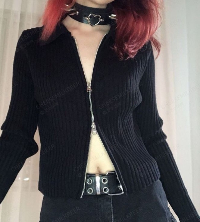 针织开衫女街头朋克风性感辣妹复古90s摇滚纯黑色坑条拉链翻领棉