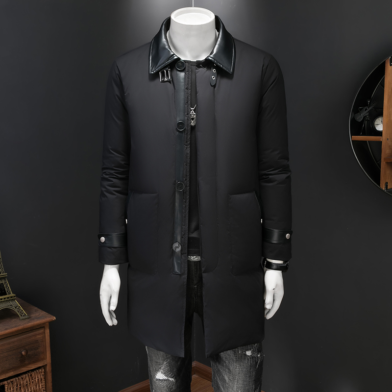 超柔蛋白冬季新款皮料拼接中长款羽绒服男90白鸭绒9823-P345假模，男装羽绒服，钱塘6023