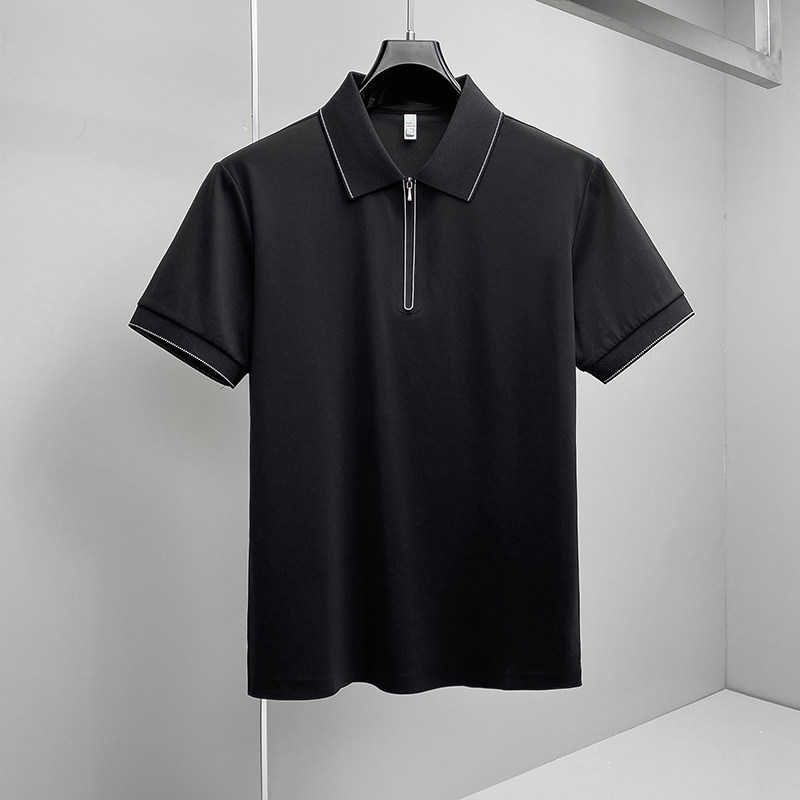 2026夏季新款拉链纯色商务冰丝修身POLO衫翻领短袖3021-P88挂黑，男装T恤，钱塘6023