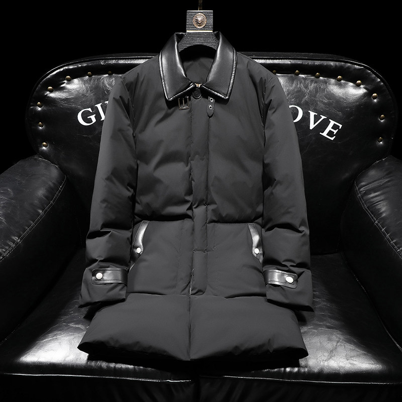 超柔蛋白2025冬季新款皮料拼接中长款羽绒服男90白鸭绒9823-P345,男装羽绒服,钱塘6023