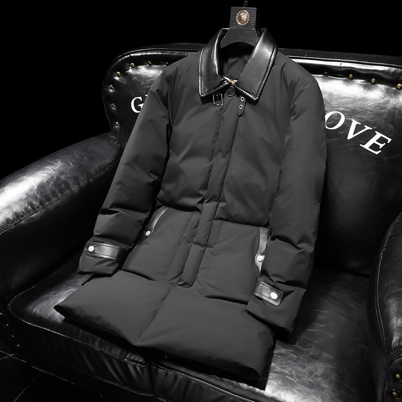 超柔蛋白2025冬季新款皮料拼接中长款羽绒服男90白鸭绒9823-P345,男装羽绒服,钱塘6023