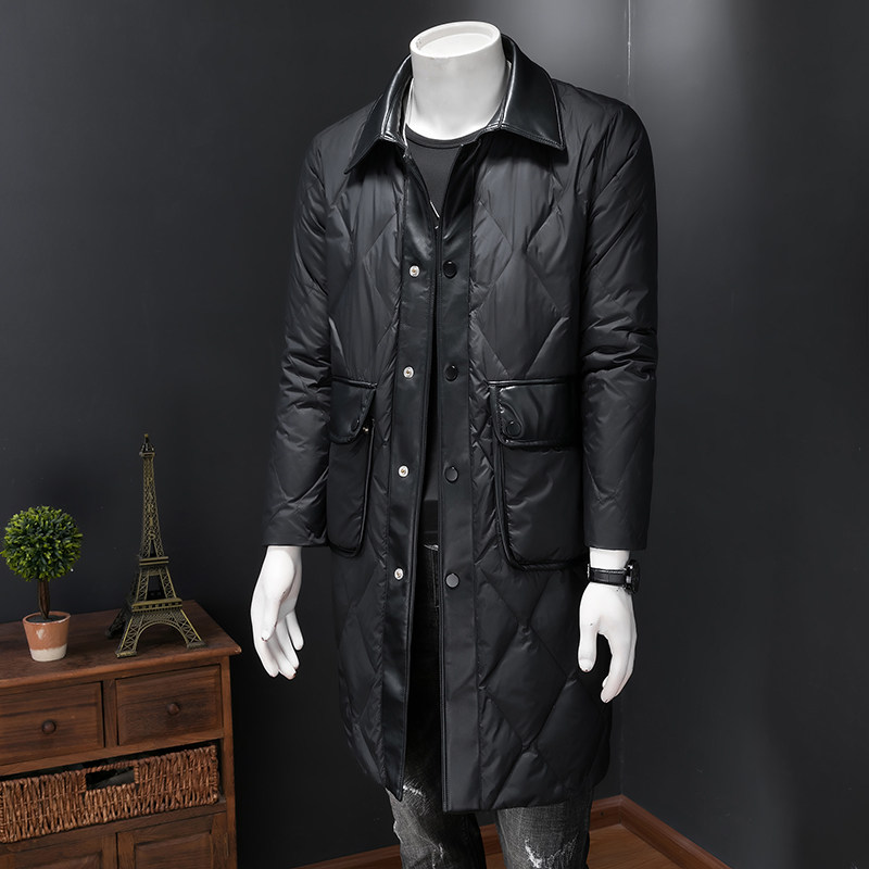2025冬季新款男士羽绒服中长款皮料拼接90白鸭绒8899-P350假模,男装羽绒服,钱塘6023