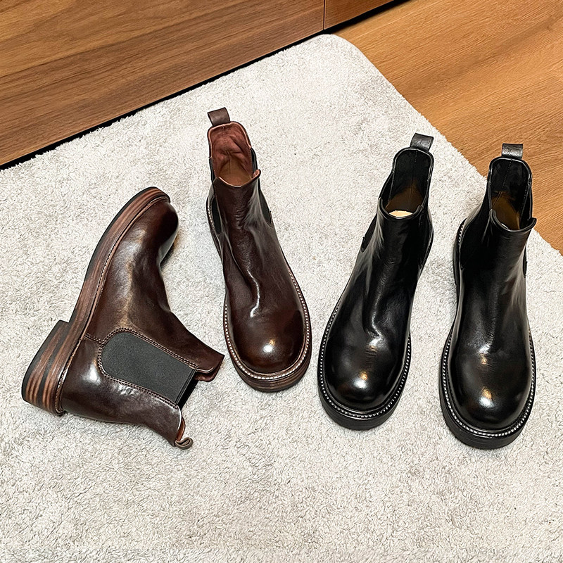 WASHED HORSESKIN PLEATED BLOCK HEEL PLATFORM CIGARETTE BARREL STRETCH BOOTS CHELSEA BOOTS WOMENS BRITISH VINTAGE MARTIN BOOTS