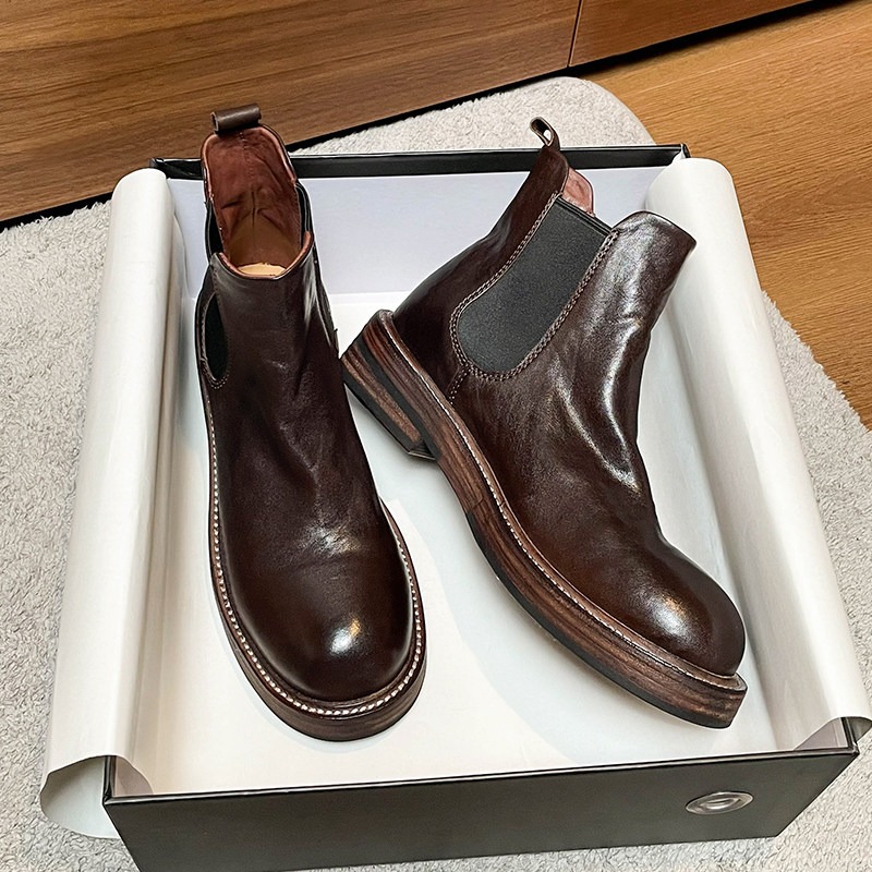 WASHED HORSESKIN PLEATED BLOCK HEEL PLATFORM CIGARETTE BARREL STRETCH BOOTS CHELSEA BOOTS WOMENS BRITISH VINTAGE MARTIN BOOTS