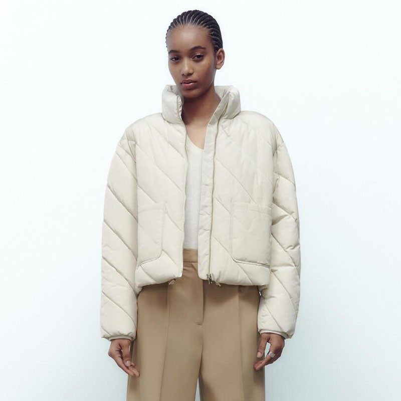 2022秋冬新款ZA女装立领长袖斜纹绗线保暖棉服夹克外套RA 2949222