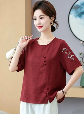 2026妈妈夏装短袖刺绣上衣中老年新中式女端庄大气洋气棉麻T恤七