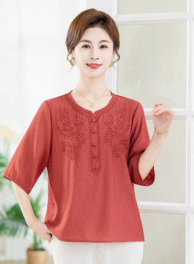 2026女装新款夏季刺绣舒适短袖T恤气质妈妈装洋气宽松减龄上衣三