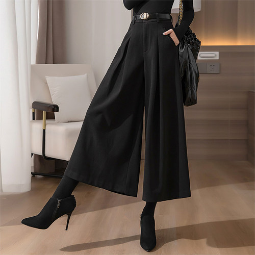 黑色羊毛呢裙裤女阔腿裤九分裤