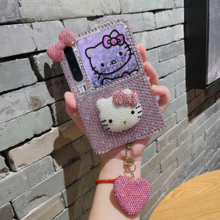 ins可爱kt猫满钻适用PuraX手机壳Pocket小米MIXFlip2折叠FindN3Flip三星Zflip7挂件摩托罗拉razr60u荣耀VFlip