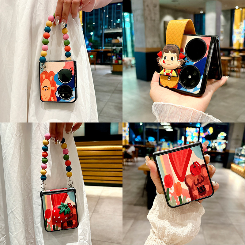 谭松韵纪星同款适用华为P50pocket手机壳pocket S折叠屏彩色油画新款pocket2全包中轴铰链防摔手提珠链牛