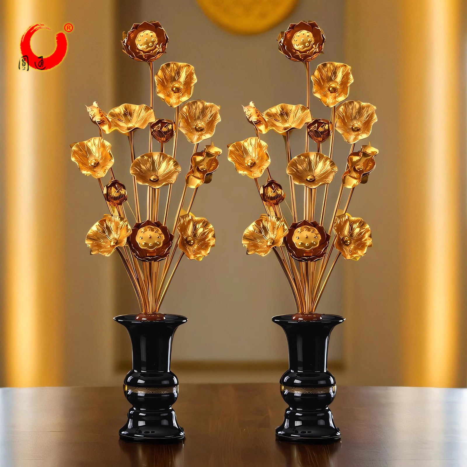 供佛花仿真花莲花供佛前供花花瓶迷你金莲花金属假花佛堂佛台荷花