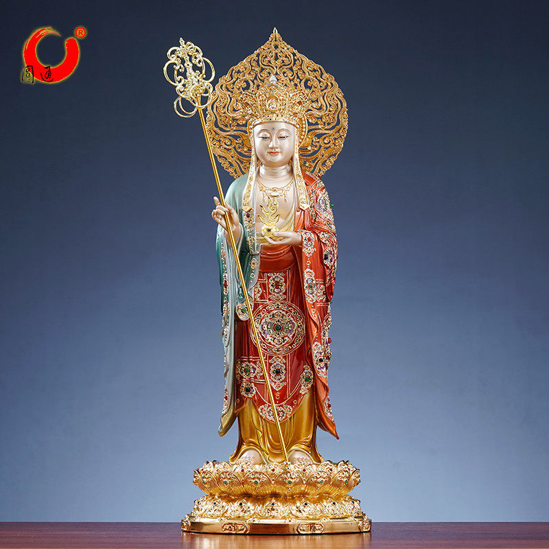 黄铜站像带帽地藏王菩萨佛像摆件掐丝彩绘地藏菩萨像佛堂供奉铜像