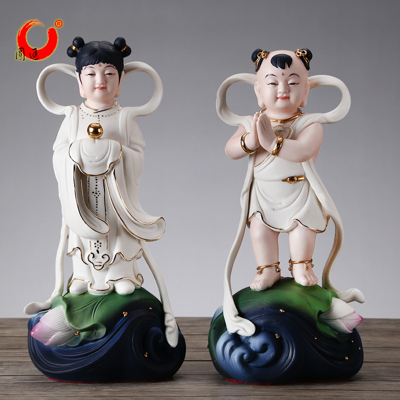 圆通佛具陶瓷金童玉女摆件善财童子龙女佛像一对居家供奉招财神像