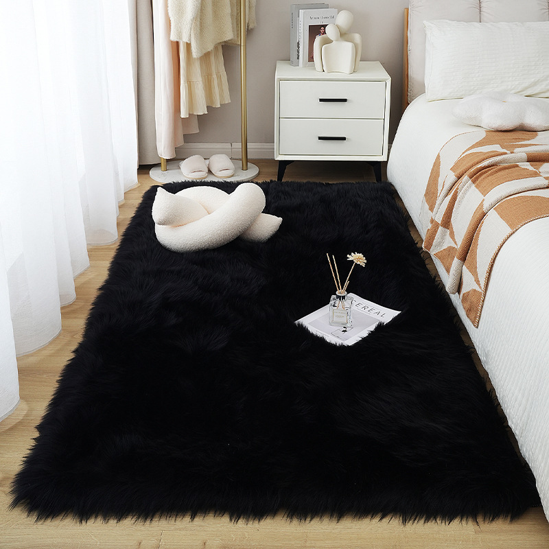 黑色地毯长毛绒仿羊毛卧室床边毯服装店产品摄影拍照地垫轻奢