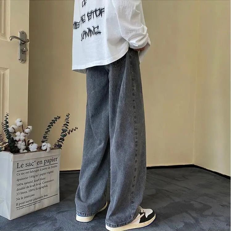 BLACK AND GRAY WIDE-LEG STRAIGHT-LEG JEANS MENS VERSATILE LOOSE WASH TRENDY DROP PANTS TRENDY DAD DAD PANTS