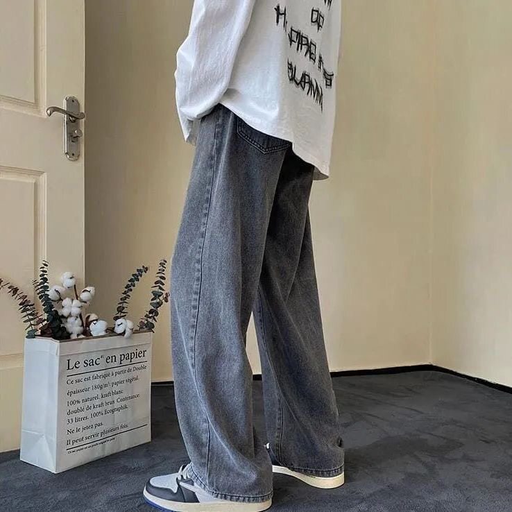 BLACK AND GRAY WIDE-LEG STRAIGHT-LEG JEANS MENS VERSATILE LOOSE WASH TRENDY DROP PANTS TRENDY DAD DAD PANTS