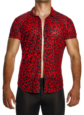 MODUS VIVENDI 复古透视网纱豹纹柔软舒适修身男士短袖衬衫 15441