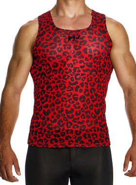 MODUS VIVENDI 透视网纱撞色豹纹修身性感男士无袖背心 15431