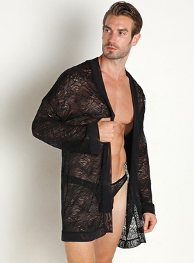 MANSTORE 柔软丝滑弹力透视奢华蕾丝性感男士浴袍12225