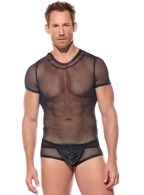 GREGG HOMME 链条透气透视网纱修身性感仿皮男士短袖T恤210607