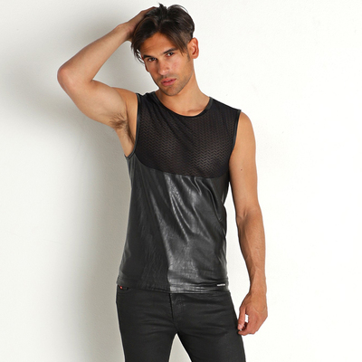 MANSTORE蕾丝皮革修身圆领背心
