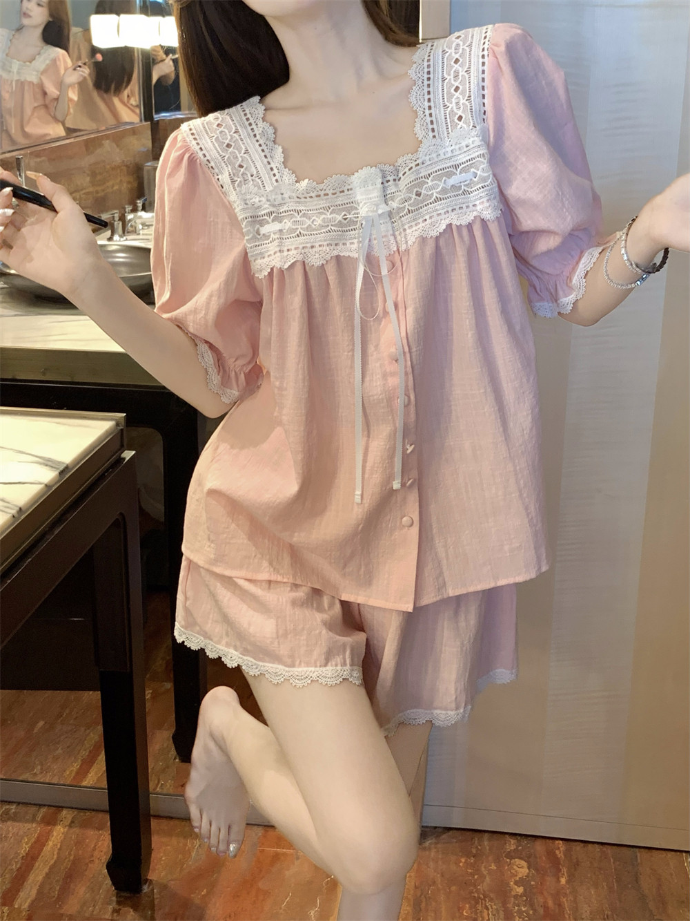 夏季睡衣女棉麻纯色蕾丝花边短袖