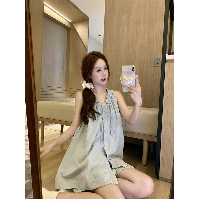 睡衣女夏季吊带短裤纯棉纱布纯色