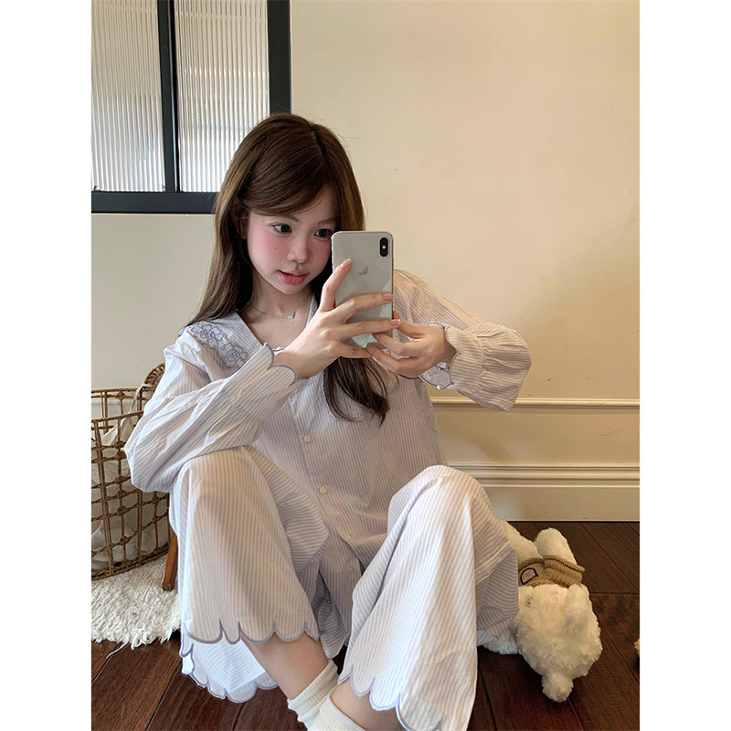 韩系重工刺绣花朵甜美花边翻领家居服睡衣套装