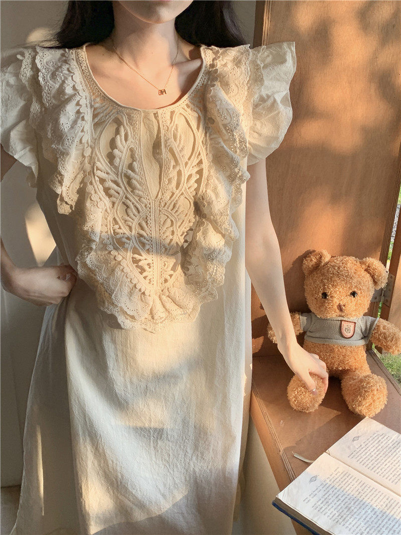 宫廷风蕾丝全棉夏季杏色宽松睡裙