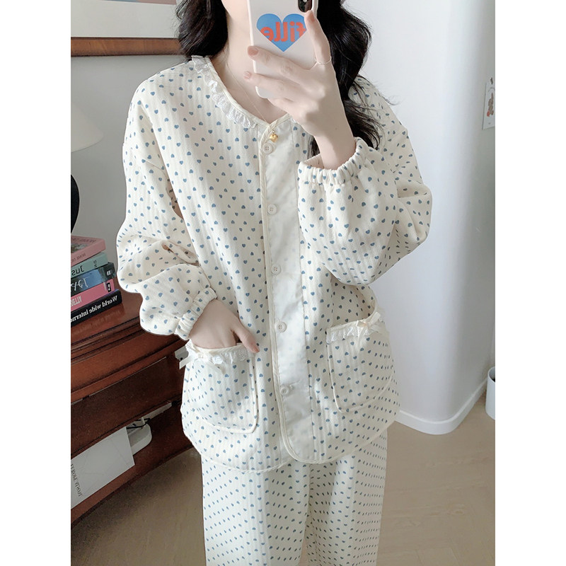 睡衣女加厚夹丝棉爱心家居服水韩版ins长袖圆领套装女