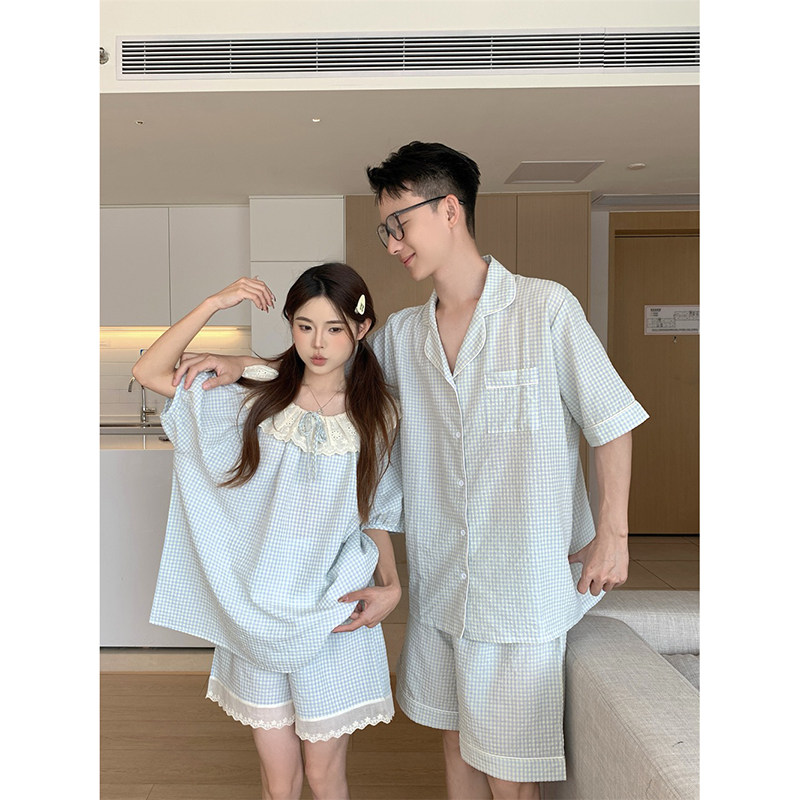 韩版夏季格子情侣睡衣ins花边甜美短袖短裤可外穿家居服新款