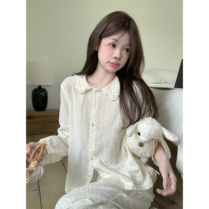 双层纱布睡衣女波点翻领长袖睡裙