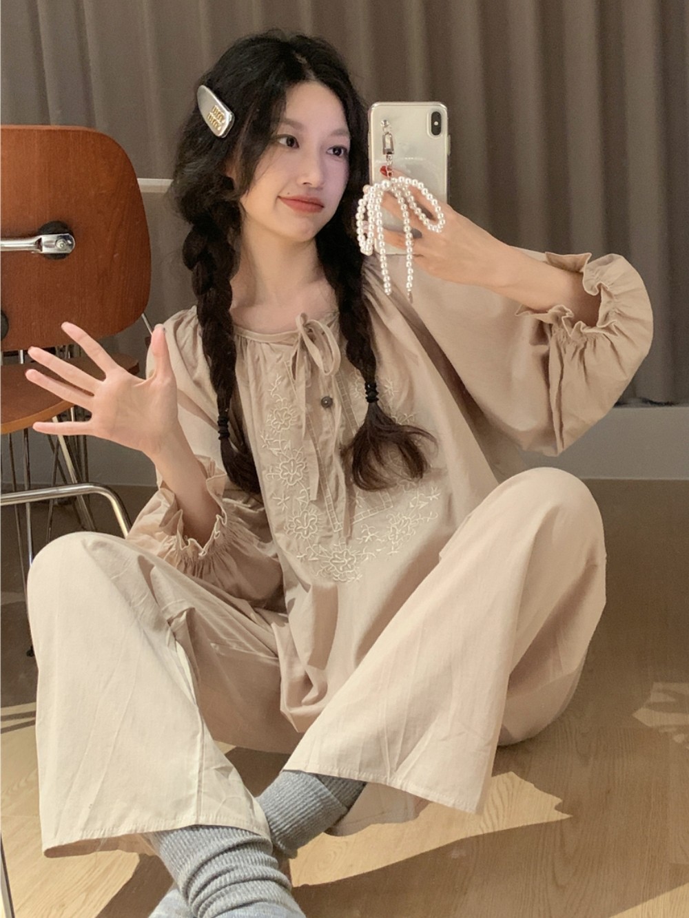 春秋季刺绣纯棉麻卡其色长袖睡衣