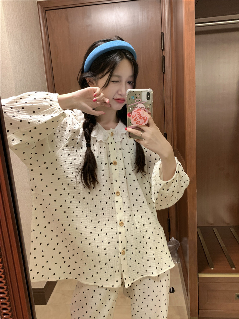 纯棉纱布娃娃领波点蕾丝睡衣长袖