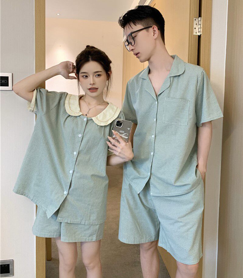 韩版情侣睡衣女新款纯棉麻格子娃娃领撞色短袖短裤夏季家居服套装