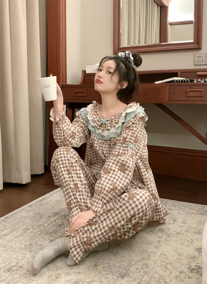 春秋季翻领格子小熊纯棉麻睡衣女