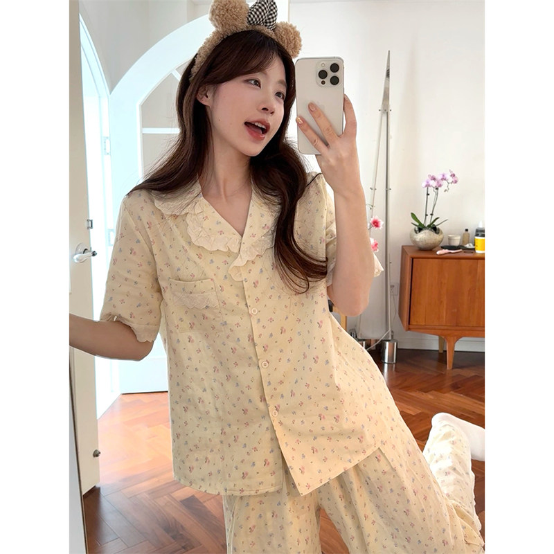夏季蕾丝碎花纯棉麻睡衣女款短袖